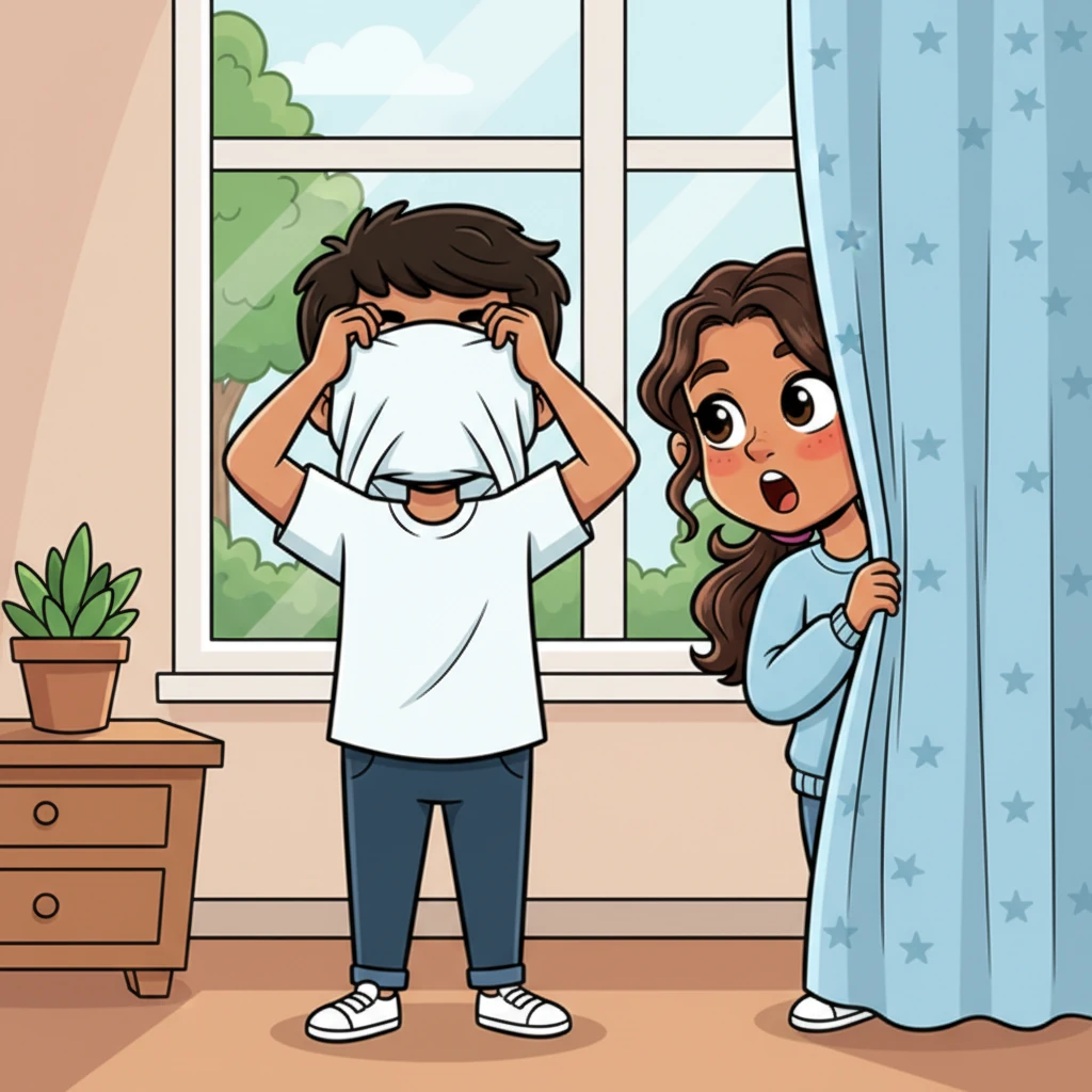 Then, to Malu's complete surprise, Kashyap reached for his shirt, beginning to pull it over his head. Her eyes widened in a comical gasp, and she instinctively ducked behind the curtain, her face turning a bright shade of cherry red, a playful shyness washing over her.