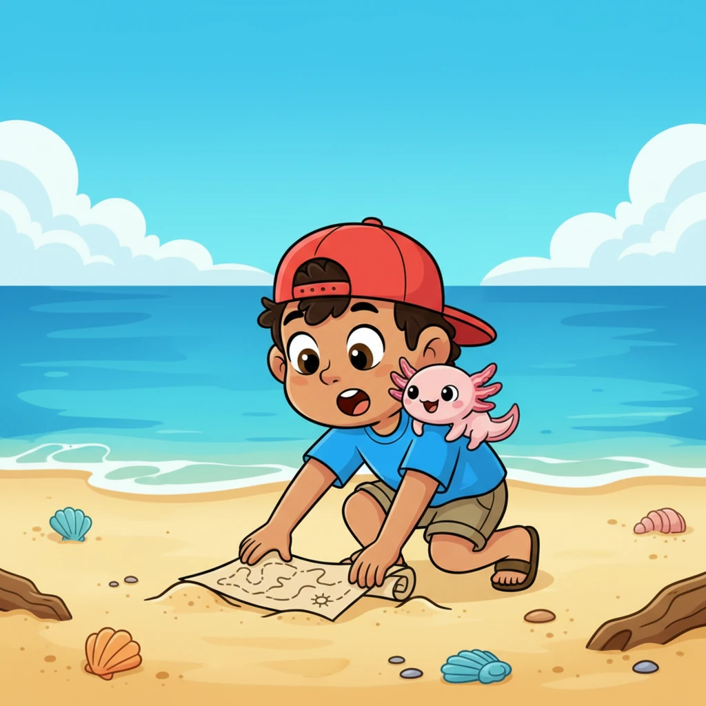 Leo, un niño curioso con una gorra roja, y su alegre amigo Ajo, un ajolote rosa, corretean por una playa soleada. De repente, entre las conchas y la arena, encuentran un mapa enrollado. Sus ojos brillan de asombro ante el descubrimiento.