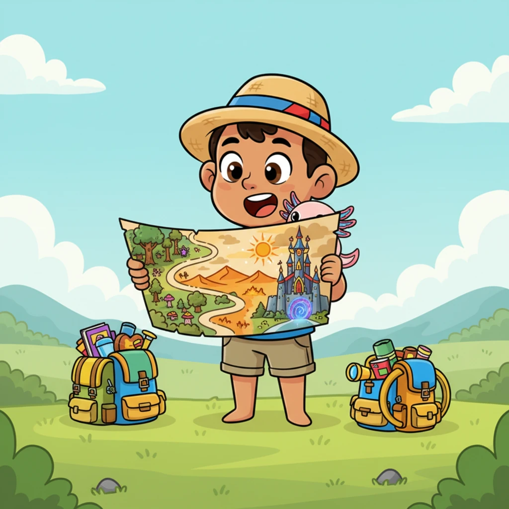 Desenrollan el mapa, que muestra un camino a través de un bosque mágico, un desierto ardiente y un imponente castillo elemental. El mapa revela que les esperan mochilas llenas de sorpresas y un portal mágico. ¡La aventura les llama!