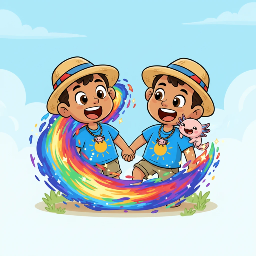 Con gran emoción, Leo y Ajo se toman de las manos y gritan juntos: «¡Portal, portal, portal!». Un remolino de colores brillantes y chispas aparece frente a ellos, abriendo un camino a lo desconocido. Están listos para saltar.