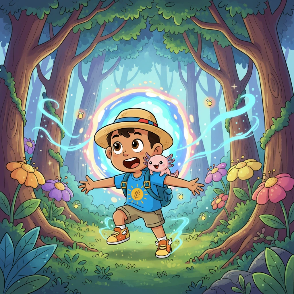 Atraviesan el portal y aterrizan en el corazón de un bosque mágico, donde los árboles brillan con luces de colores y las flores son enormes. Llevan unas mochilas nuevas, unos zapatos veloces y sienten una energía elemental alrededor. ¡Qué lugar tan maravilloso!