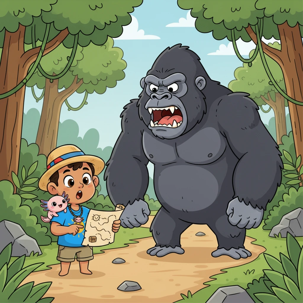 De pronto, un gorila enorme y gruñón con cejas fruncidas se interpone en su camino, bloqueando el paso. «¡Nadie pasa por aquí sin pelear contra mí!», ruge con una voz grave. Leo y Ajo se miran, pensando rápido.