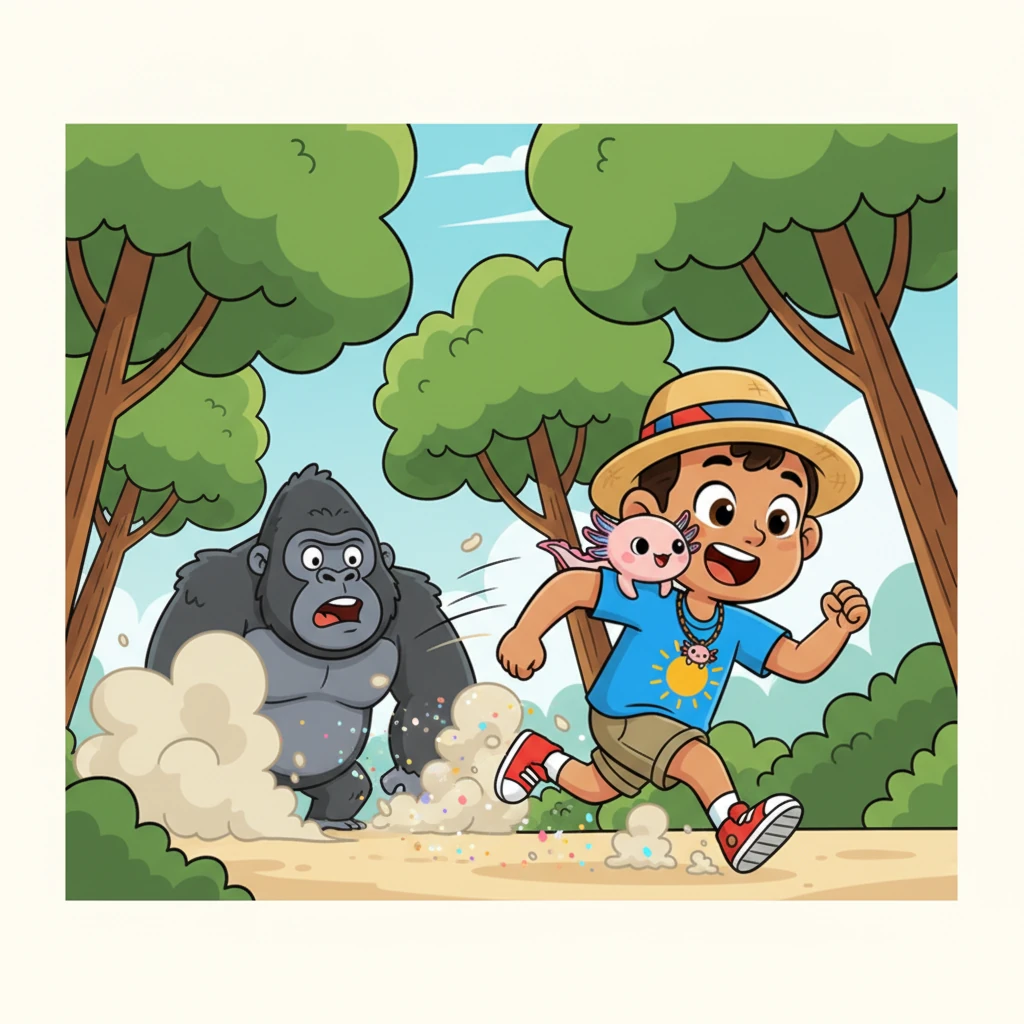 Con un destello de ingenio y sus nuevos súper zapatos, Leo y Ajo corren a toda velocidad, dejando al gorila sorprendido en una nube de polvo. Se deslizan ágilmente entre los árboles, riendo mientras se alejan de su captor. ¡Son demasiado rápidos para él!