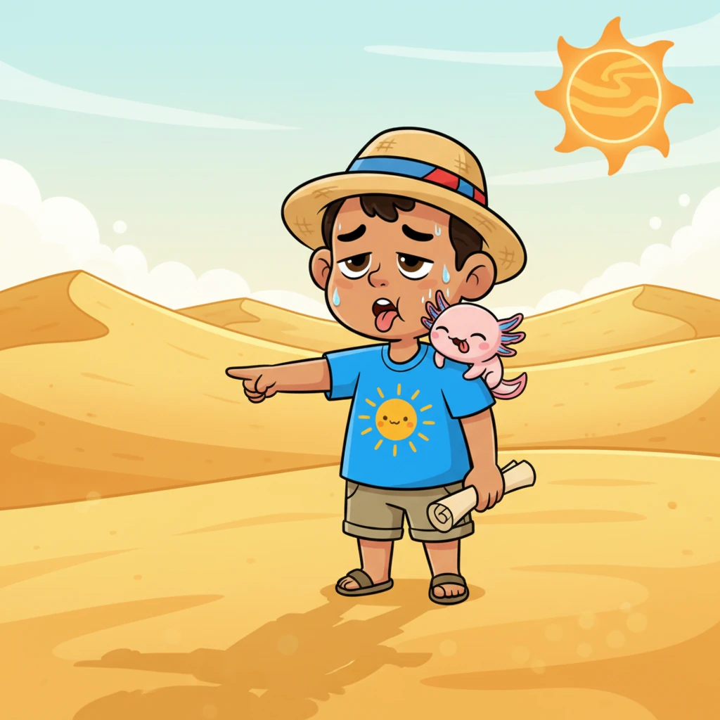 Salen del bosque y se encuentran en un vasto desierto de dunas doradas, bajo un sol abrasador. Ambos están sedientos, sus lenguas cuelgan un poco y el calor les hace sentir muy cansados. Necesitan encontrar agua pronto.