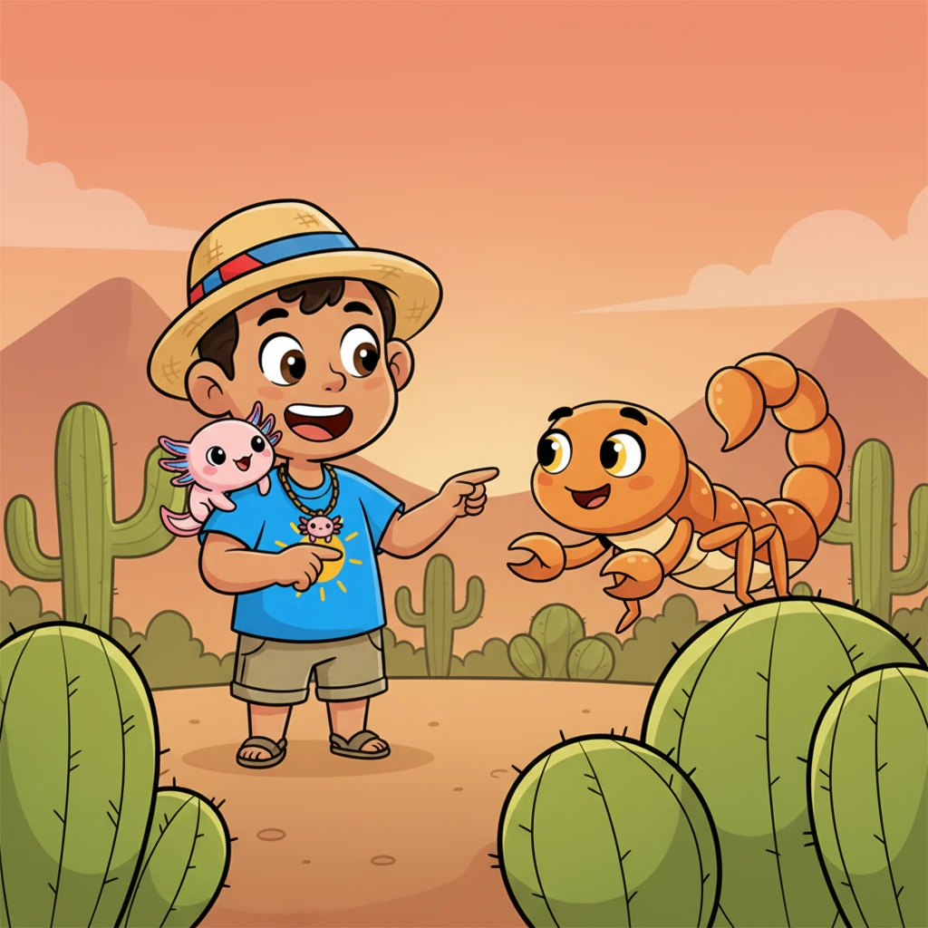 Justo cuando la sed se hacía insoportable, un alacrán amistoso y sabio emerge de detrás de un cactus gigante. «Les ayudaré a cruzar los campos de cactus y las montañas», les dice con una sonrisa tranquilizadora. Leo y Ajo se sienten aliviados y agradecidos.