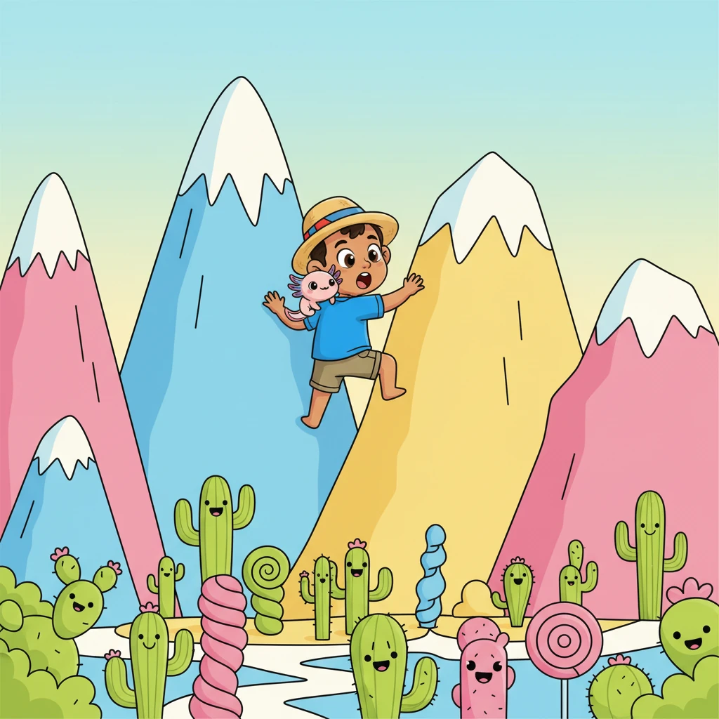 Guiados por el alacrán, atraviesan un laberinto de cactus de formas divertidas y comienzan a escalar una cadena de montañas coloridas. El camino es desafiante pero la compañía del alacrán hace que el viaje sea más llevadero. El paisaje es majestuoso.