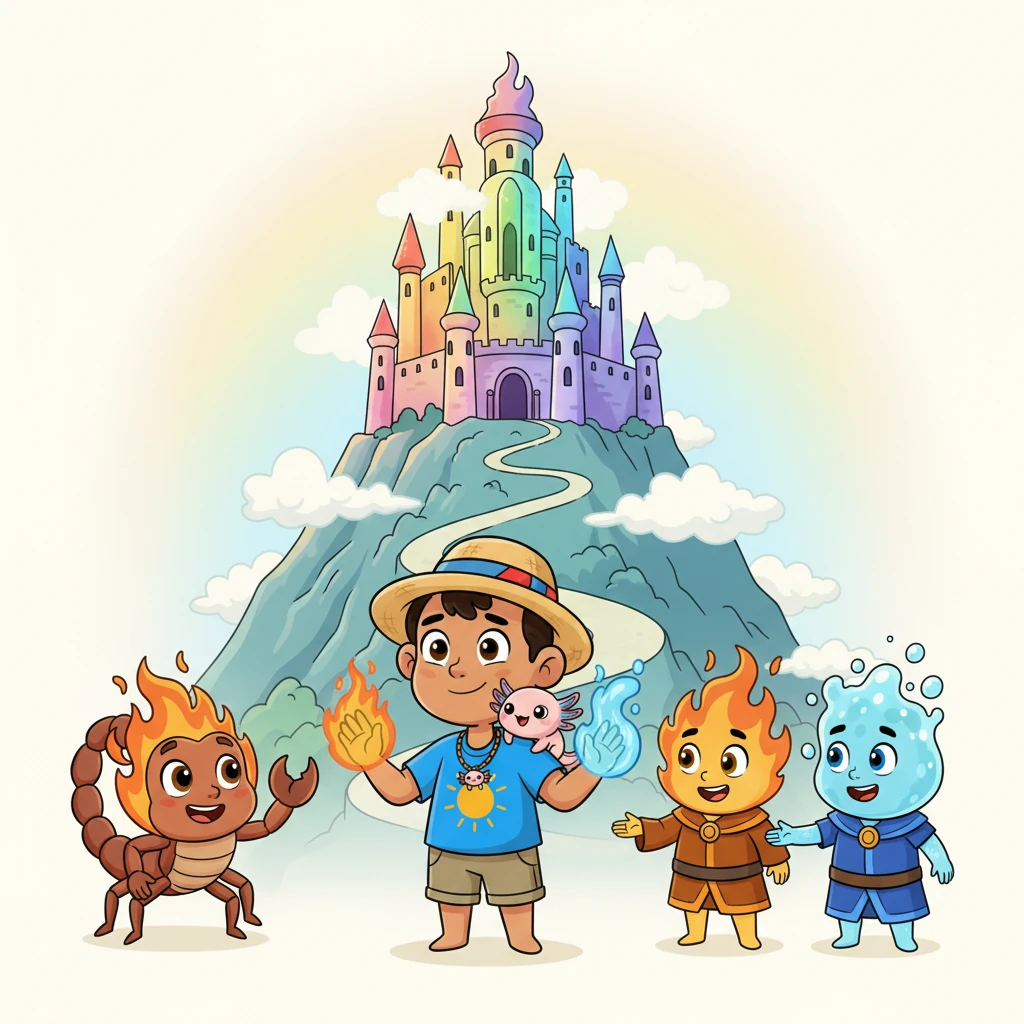 Finalmente, divisan el majestuoso Castillo Elemental, que brilla con todos los colores del arcoíris en la cima de una montaña. El alacrán se despide con un guiño, deseándoles buena suerte. Dos amables guardias elementales les dan la bienvenida, y Leo y Ajo sienten sus poderes de fuego y agua activarse, listos para entrar.