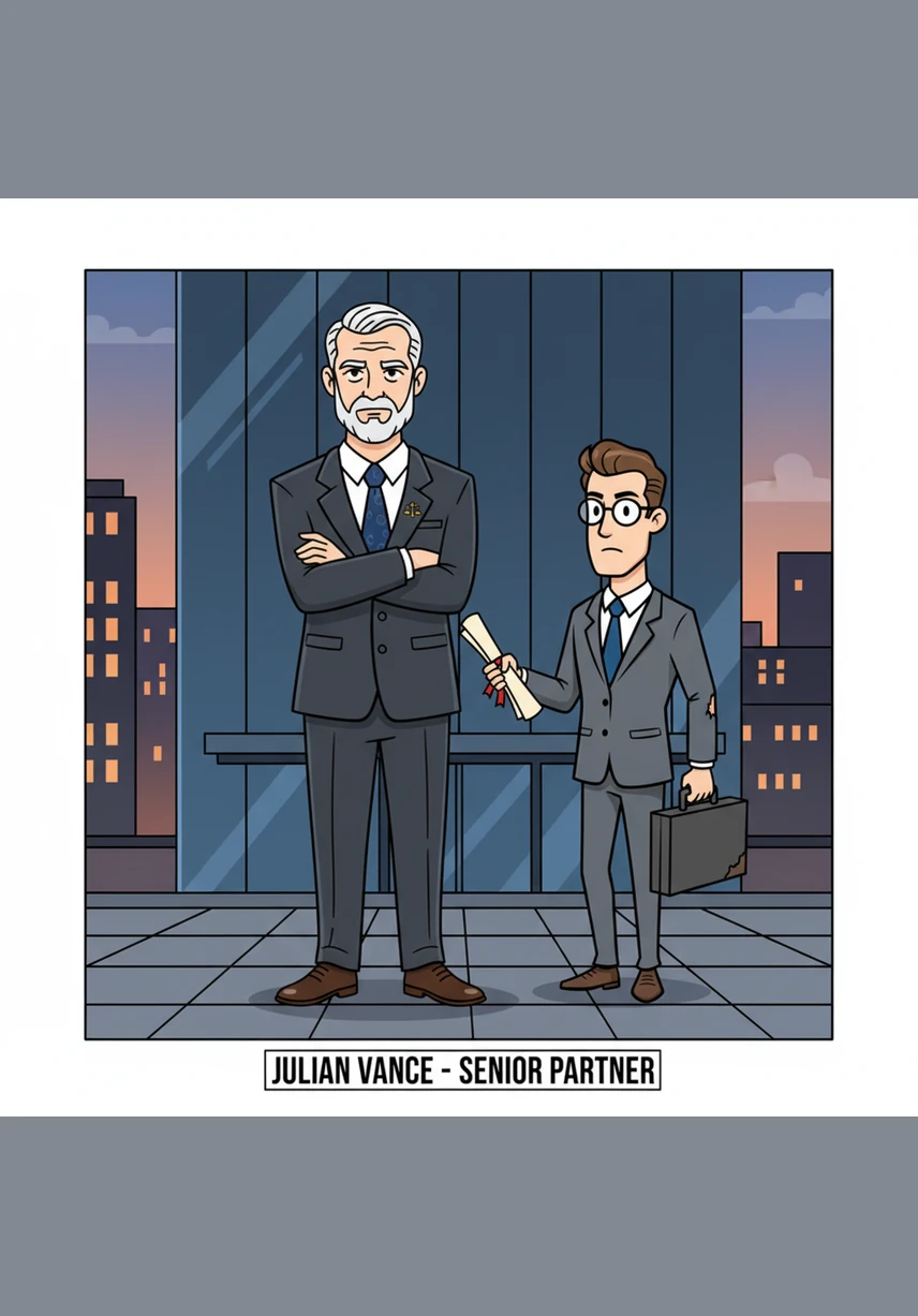 Julian Vance stands before the towering glass facade of a metropolitan skyscraper, his reflection sharp in the polished surface. He adjusts his silk tie and grips his leather briefcase, ready to face another day in the high-stakes world of corporate law.