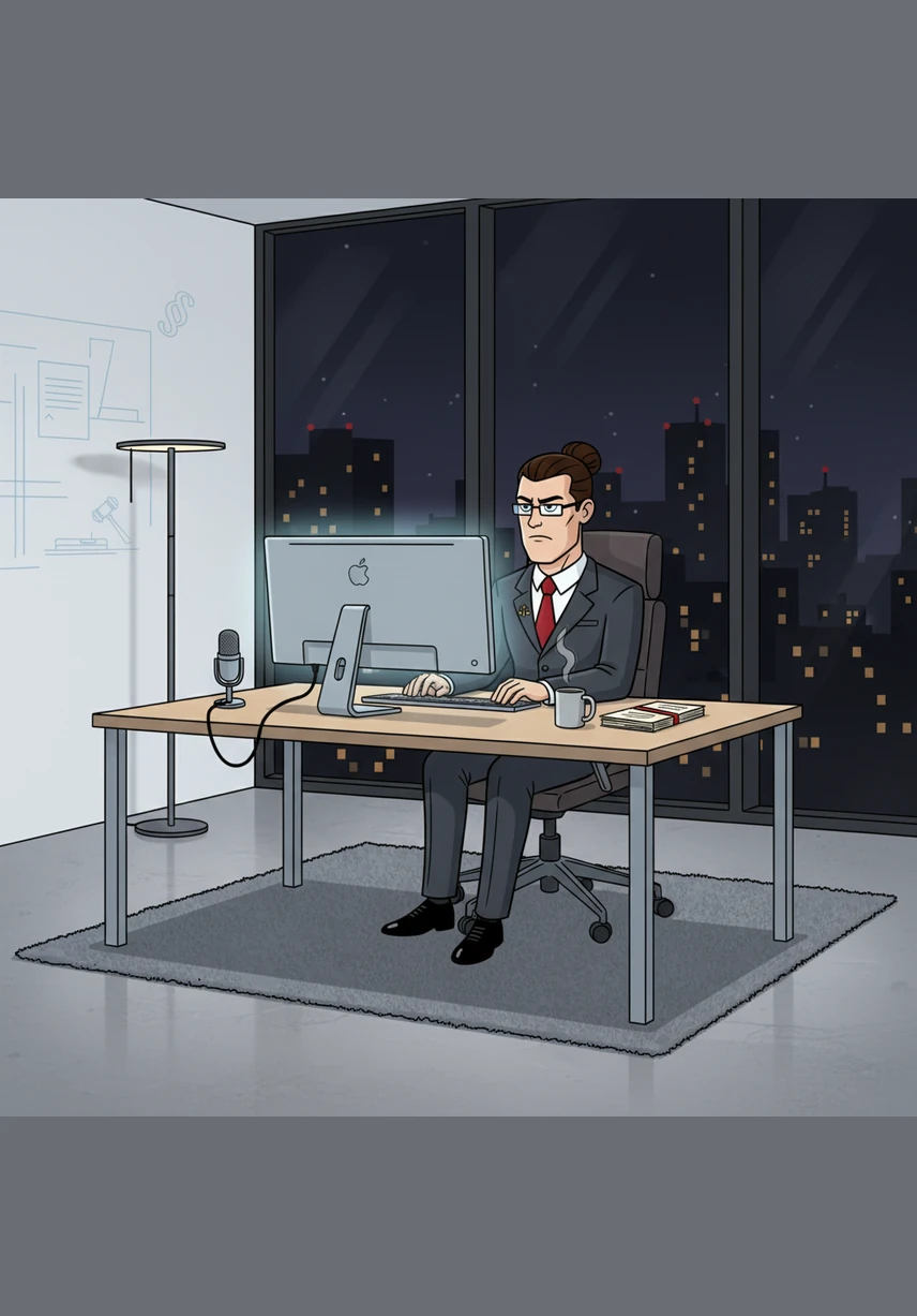 Inside his minimalist office, Julian is buried under mountains of legal briefs and glowing monitors as the city lights twinkle outside. The clock on the wall ticks past midnight, but his focus remains unbroken as he searches for a single needle in a haystack of data.