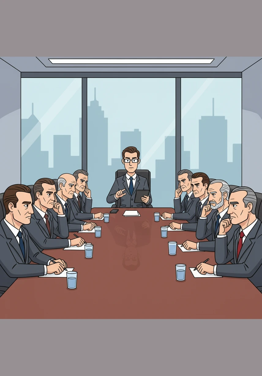 Julian sits at the head of a long mahogany boardroom table, surrounded by stern executives in expensive suits. The tension is palpable as he asks the one question no one wanted to hear, shifting the power dynamic in the room and making his superiors uneasy.