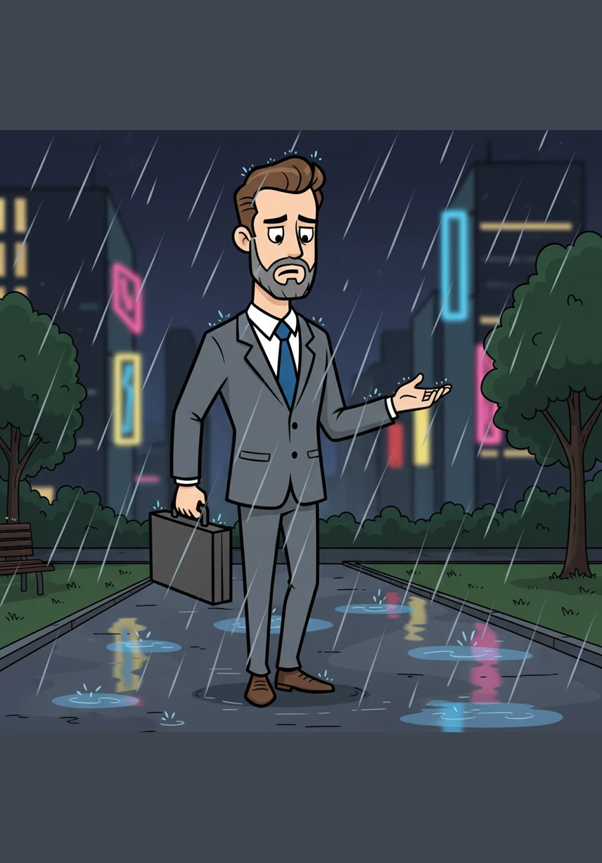 Seeking clarity, Julian walks through a rain-slicked city park where the neon signs reflect in the puddles at his feet. He weighs the security of his career against the heavy weight of his conscience, wondering if professional success is worth the cost of his silence.