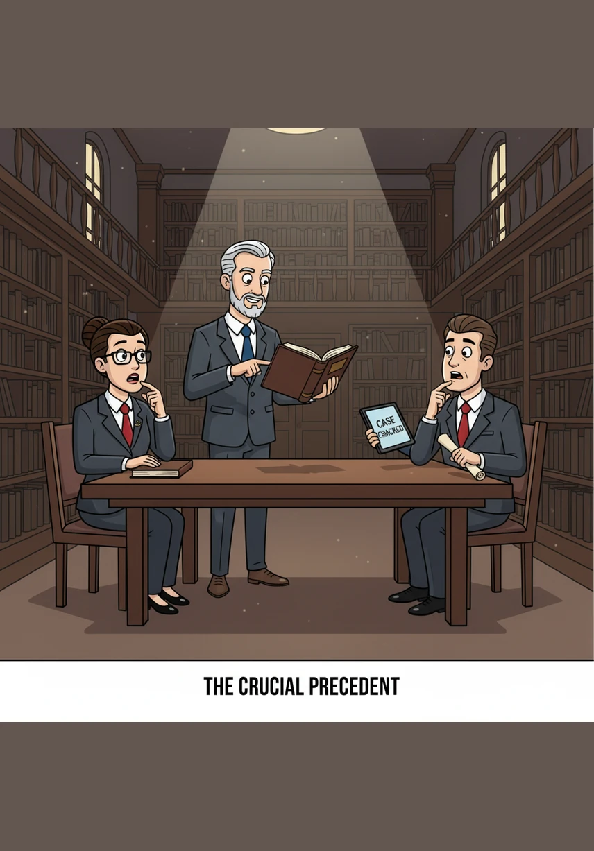 In the hushed atmosphere of a grand law library, Julian pours over ancient leather-bound volumes under the warm glow of a desk lamp. He finally discovers a legal precedent that could protect the vulnerable employees affected by the corporate deal, providing him with the weapon he needs.