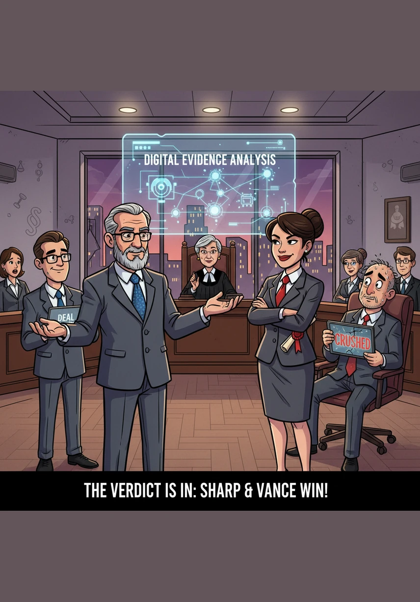 Julian stands in a sun-drenched, modern courtroom, his voice steady and commanding as he presents his findings to the judge. Every eye in the room is fixed on him as he meticulously deconstructs the opposition's argument with logic and grace.