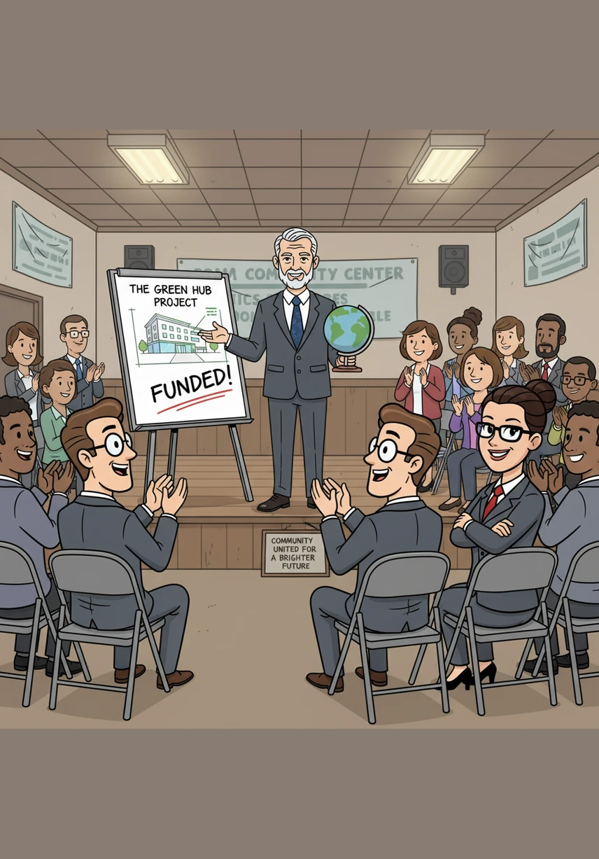 Julian meets with a group of factory workers in a small community center, presenting them with the signed settlement papers that secure their futures. Their expressions of relief and gratitude provide him with a sense of fulfillment that no bonus check ever could.