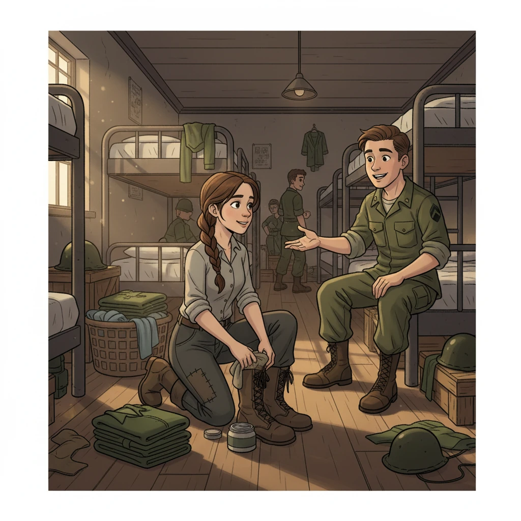 Bay eventually moved to the mess hall, then later to the living quarters. She became a 'hootch maid,' cleaning the soldiers' rooms, washing their clothes, and polishing their boots. One day, she met Bob, an American soldier, and a sense of connection started developing between them. Though they spoke different languages, they shared smiles and gestures.