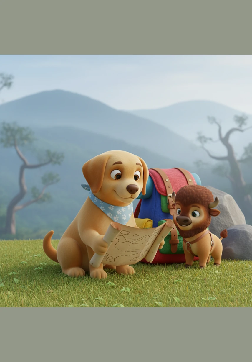 Bella the Labrador sat by her colorful backpack, her tail wagging with excitement as she looked at a map of the misty hills. She knew a grand adventure was about to begin, and her paws were ready to explore the unknown.