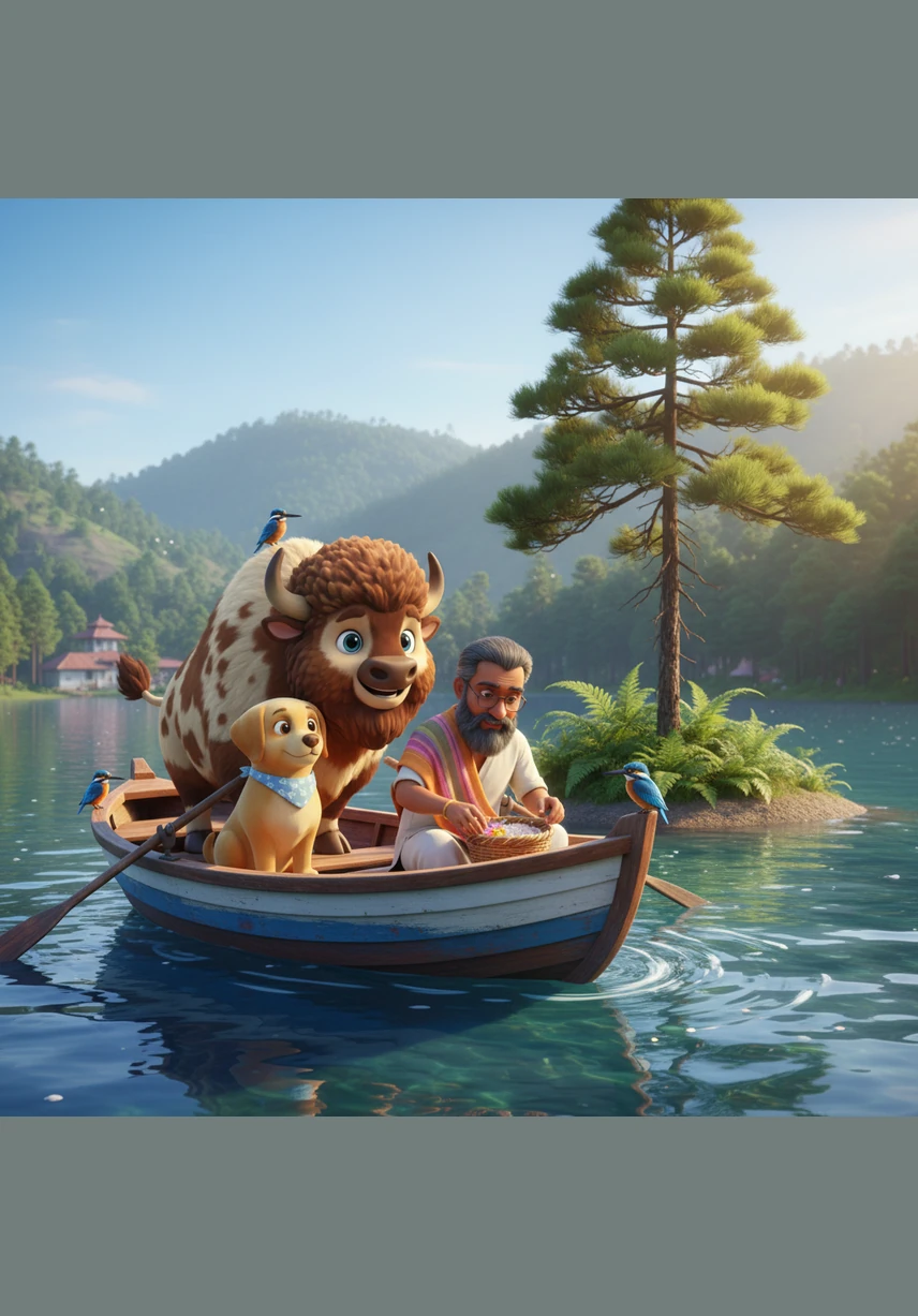 On the sparkling Kodaikanal Lake, Bella sat proudly in a wooden rowboat as it glided across the calm water. She watched the ripples spread out and saw the colorful reflections of the town on the lake's surface.