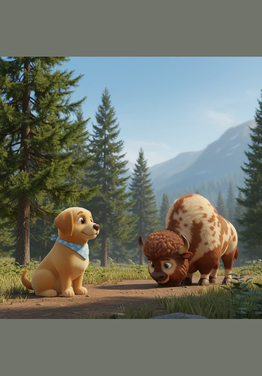 Near the edge of the woods, Bella spotted a majestic bison grazing peacefully in the distance. She stayed very still and quiet, watching the large animal with respect before continuing her gentle mountain stroll.