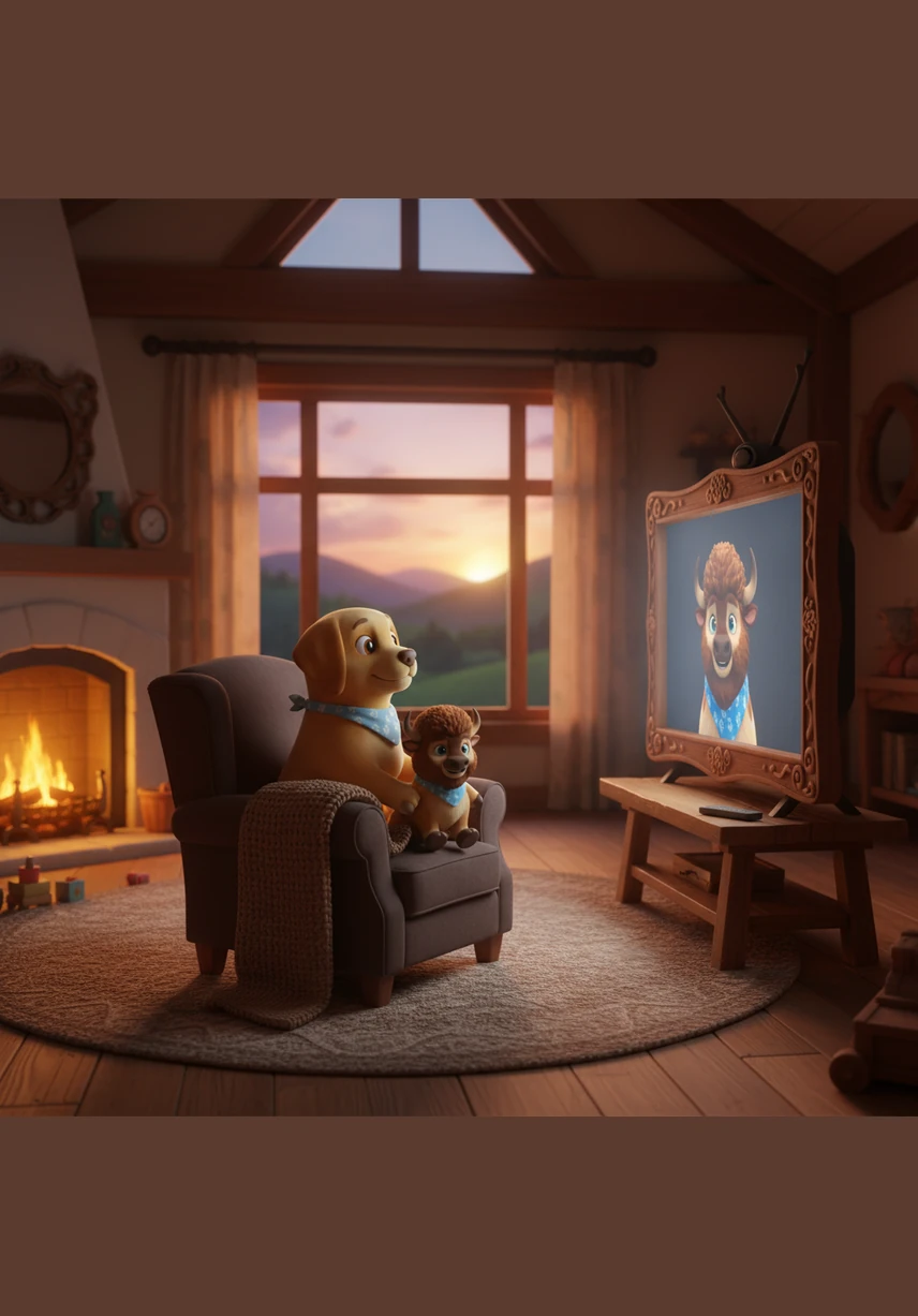 After a long day of exploring, Bella curled up on a soft rug in front of a crackling fireplace in a cozy hilltop cottage. The warmth of the fire made her sleepy, and she let out a long, happy sigh of contentment.