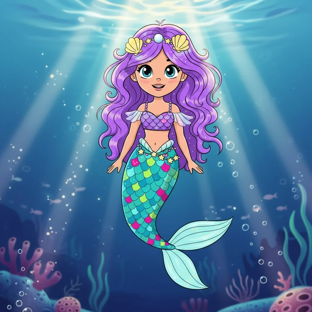 Lumina Close-up — Lumina, the young mermaid, floats gracefully. Her scales shift with every color imaginable, reflecting the sunlight filtering down from above. Her flowing hair dances around her, and her dreamy expression hints at the secrets of the ocean.
