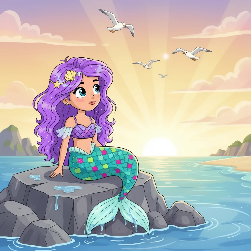 Lumina at Sunrise — Lumina sits on a seaside rock, her tail dripping with seawater. The sky blazes with golden and pink hues as the sun rises. She gazes towards the shore, a thoughtful look on her face, as seagulls soar overhead.