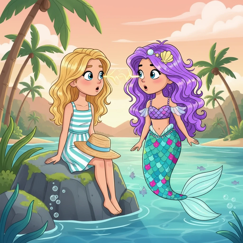 First Meeting — Bella, a blonde human girl in a summer dress, sits on Lumina's rock. Lumina surfaces beside her, both surprised and curious. Their eyes meet, a spark of connection igniting between them, a moment of pure wonder.