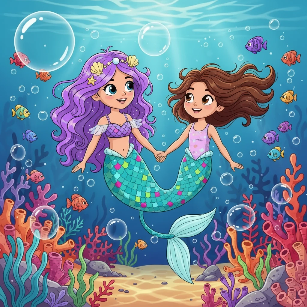 Diving Together — Lumina pulls Bella underwater, bubbles and colorful fish surround them. Bella's hair floats as she smiles in awe. They swim through the vibrant coral, experiencing the beauty of the ocean together.