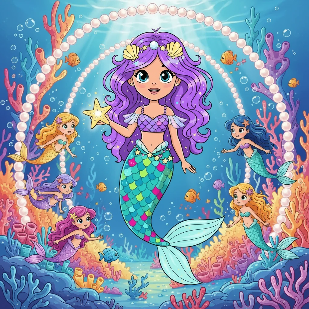Oceania Arrival — The heart of Oceania welcomes them. Pearl arches and glowing plants illuminate the way. Rainbow corals and mermaids swim around Bella, who gazes at the beauty with wide-eyed wonder. It's a moment of pure magic and joy.