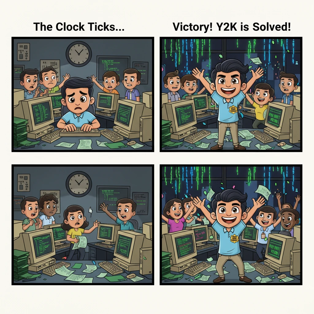 In a dimly lit Y2K war room, filled with flickering green CRT monitors and stacks of code printouts, Kiran hunches over a keyboard, fingers flying across keys. He masters Java amid clock-ticking urgency. As the clock strikes midnight on Dec 31, 1999, colleagues cheer, millennium bug fears fade, and Kiran emerges stronger, a "Phoenix Global Java Warrior" badge pinned to his shirt, with neon code streams raining down against the Bangalore night skyline.
