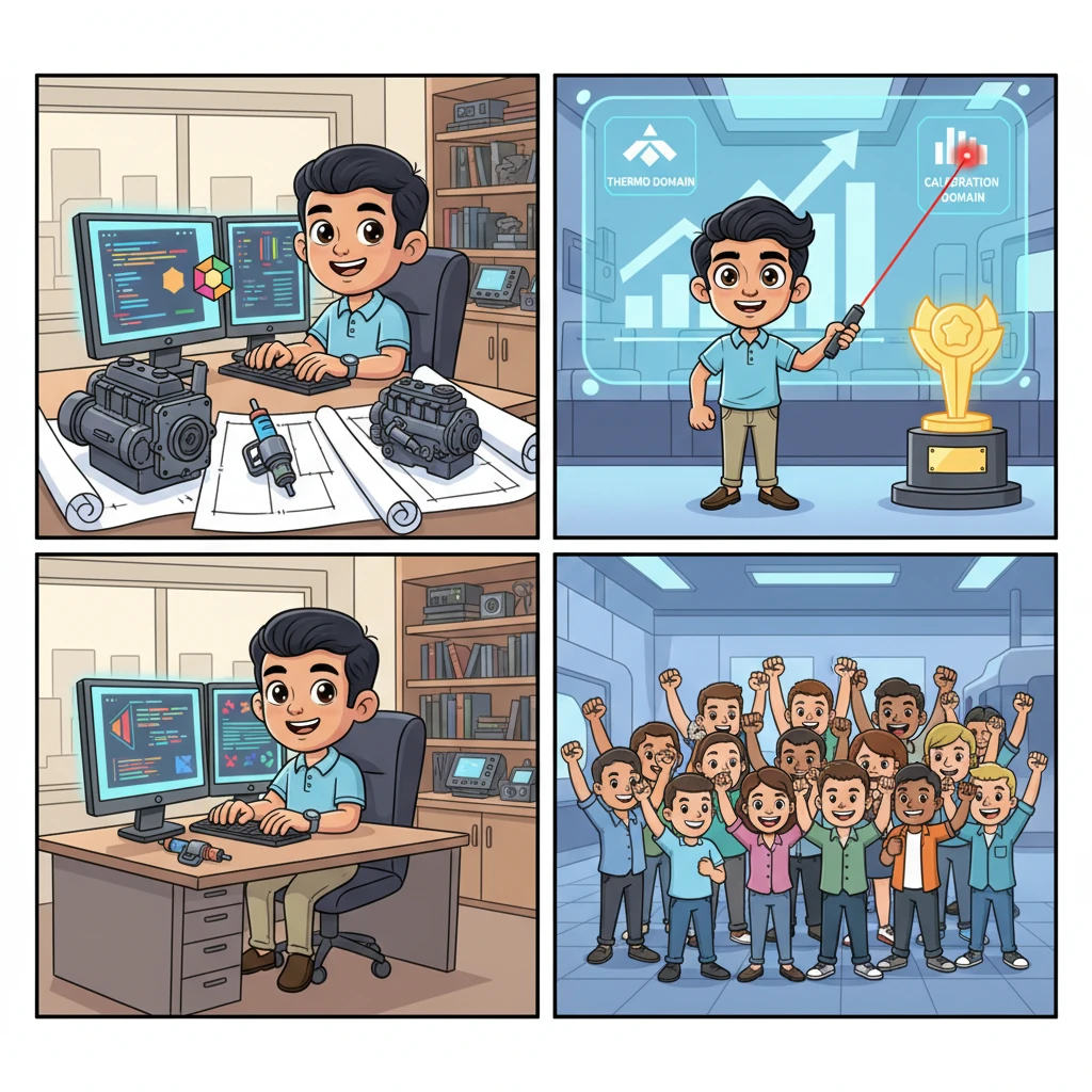 A dynamic split-screen illustrates Kiran's journey. On the left, he crafts intricate Eclipse plug-ins on dual monitors, surrounded by diesel engine blueprints and gasoline fuel injector models. On the right, he confidently pitches in a boardroom, a laser pointer highlighting significant wins for Thermo and Calibration domains. A diverse team of 40 engineers rallies behind him, fists raised in victory, celebrating his "Star Performer 2011" award in a high-tech Bosch factory.