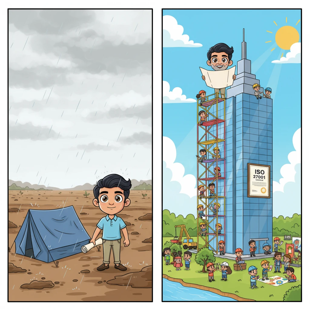 An epic montage shows Kiran's transformation from a muddy construction site with a single tent and a team of zero, to a gleaming skyscraper campus buzzing with 500 engineers. He stands atop a scaffold, blueprint in hand, overseeing cross-functional teams scaling like a growing vine. CSR initiatives bloom with mangrove planting and community smiles, and an ISO 27001 certificate gleams, symbolizing prosperity after tropical storms.