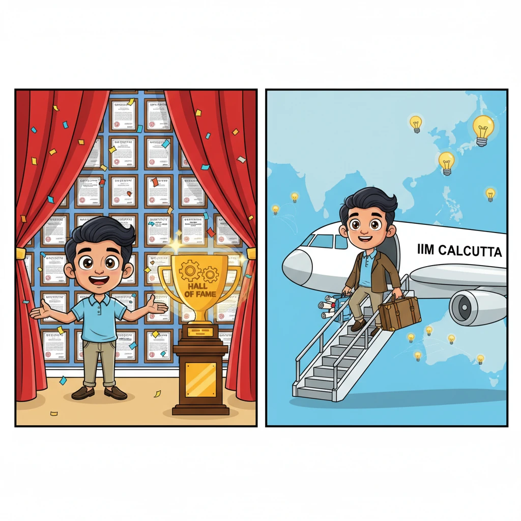 Kiran dramatically unveils a massive wall of patents, one for every working day, effectively doubling Bosch India's portfolio. Confetti rains down as a "Hall of Fame" trophy gleams. The scene horizontally shifts to him boarding a plane to IIM Calcutta, a suitcase packed with new dreams, as gears turn into innovation lightbulbs and ASEAN maps pulse with patent pins.