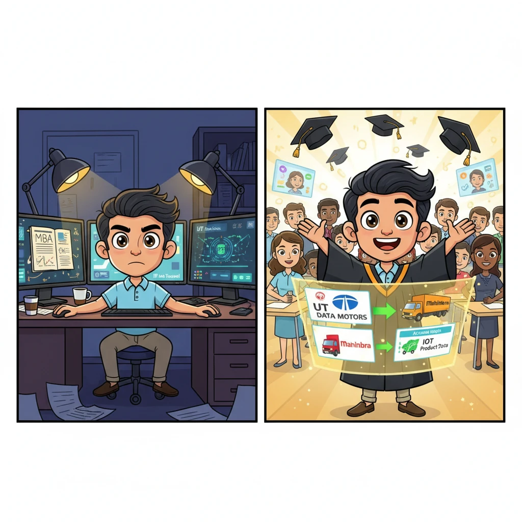 An intense study montage depicts Kiran battling nightly under desk lamps. MBA case studies morph into complex UT data science algorithms on his screens, which overflow with IP data tsunamis transforming into actionable insights. Graduation caps fly amidst global virtual classrooms, and inspiration strikes as his eyes widen at IoT product dashboards for Tata Motors and Mahindra trucks.