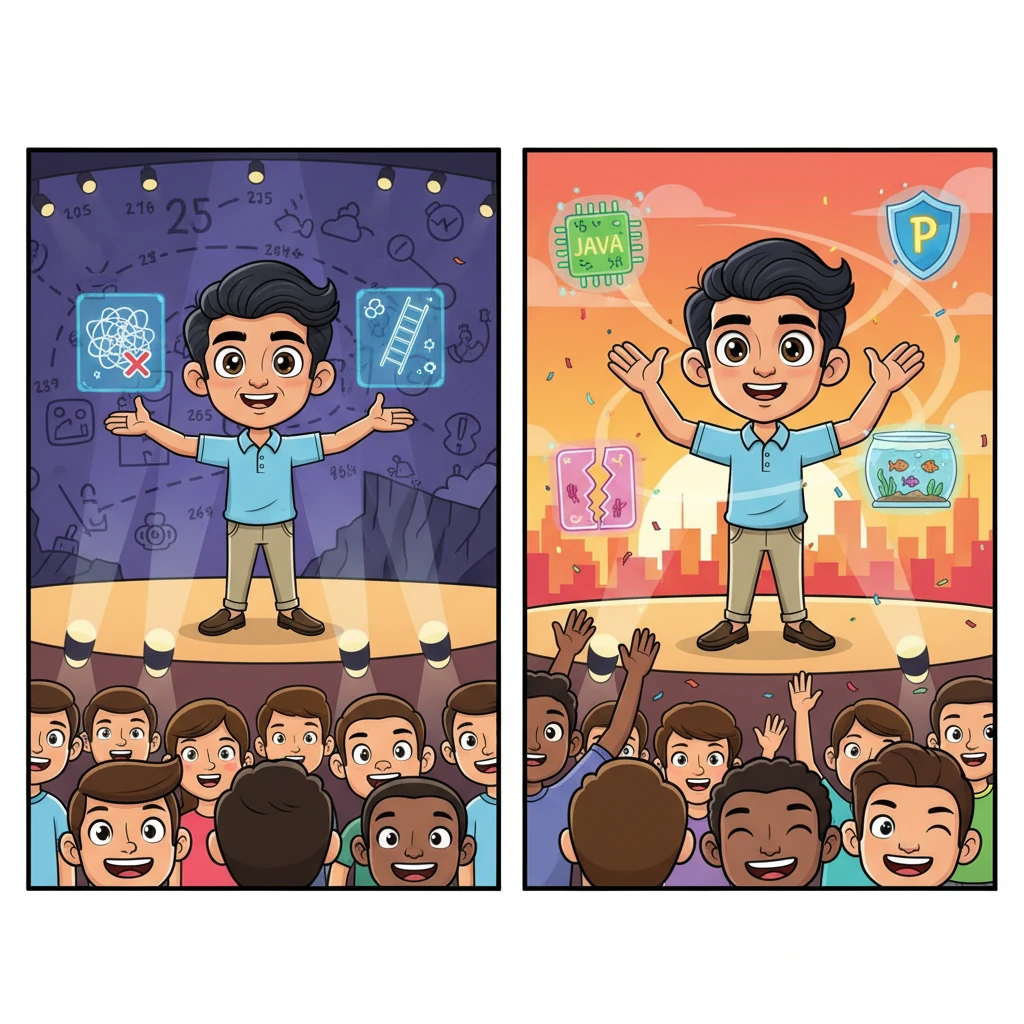 A climactic finale reveals a timeline mural etched with 25+ years of Kiran's journey. Now silver-streaked and wise, he addresses a sea of eager interns and juniors on a grand stage, projecting holograms of career pitfalls he overcame. With hands extended, he declares, "From internship to feats—I've paved the path; now you run!" The crowd erupts as symbols of Java code, patents, and fish aquariums (a nod to Vastu passions) orbit him, fading to a sunrise over the Bengaluru skyline, symbolizing endless giving back.