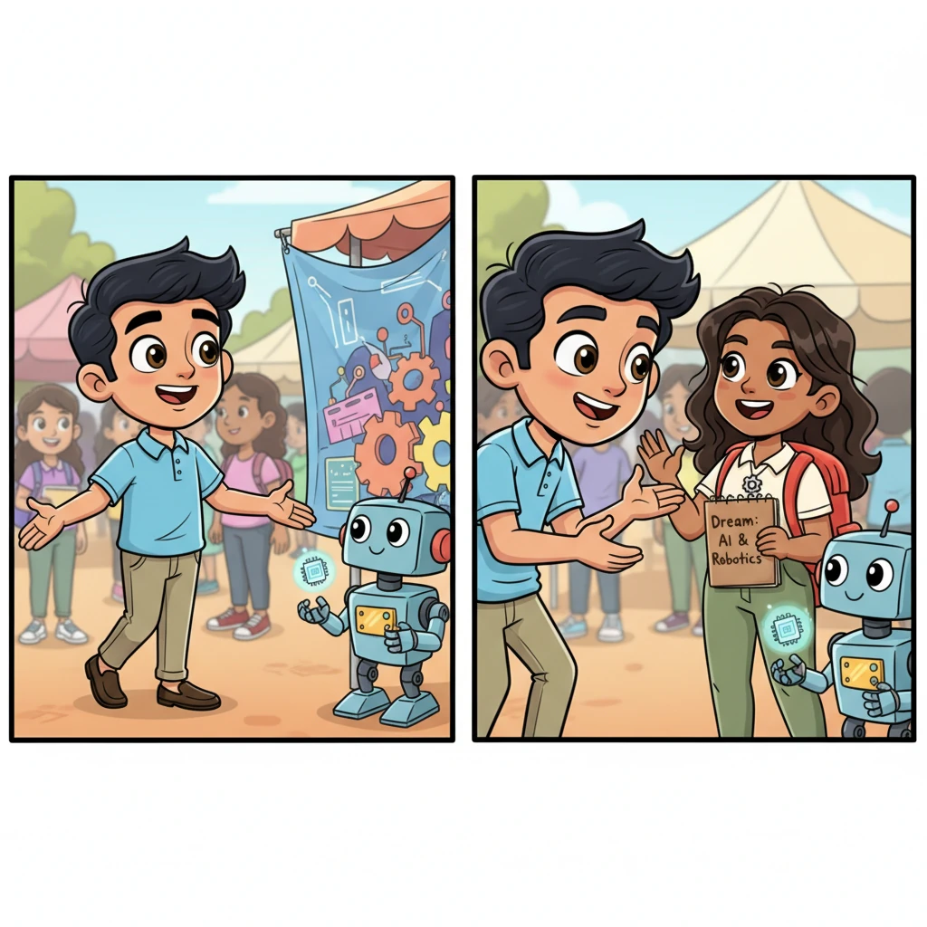 Kiran, still energetic and inspiring, walks through a bustling tech fair in Bangalore, observing young innovators showcasing their projects. He stops to chat with a bright-eyed student presenting an AI-powered robot, offering encouraging words and a warm smile. The student's face lights up, holding a small notebook similar to Kiran's "Dream: Computers," now labeled "Dream: AI & Robotics," showing the legacy of inspiration continuing.