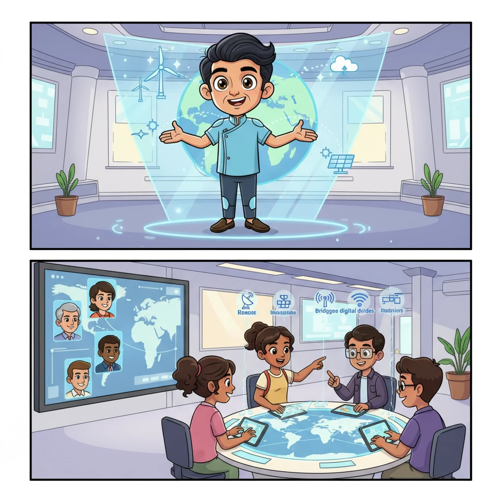 Kiran, now a revered global tech elder, participates in a virtual conference alongside leaders from around the world. His holographic avatar stands tall, advocating for sustainable technology and inclusive innovation. Below him, a diverse group of young engineers, inspired by his journey, collaborate on a project to bridge digital divides across continents. The scene is a vibrant tapestry of interconnected screens and smiling faces, symbolizing a future built on shared dreams and endless possibilities.