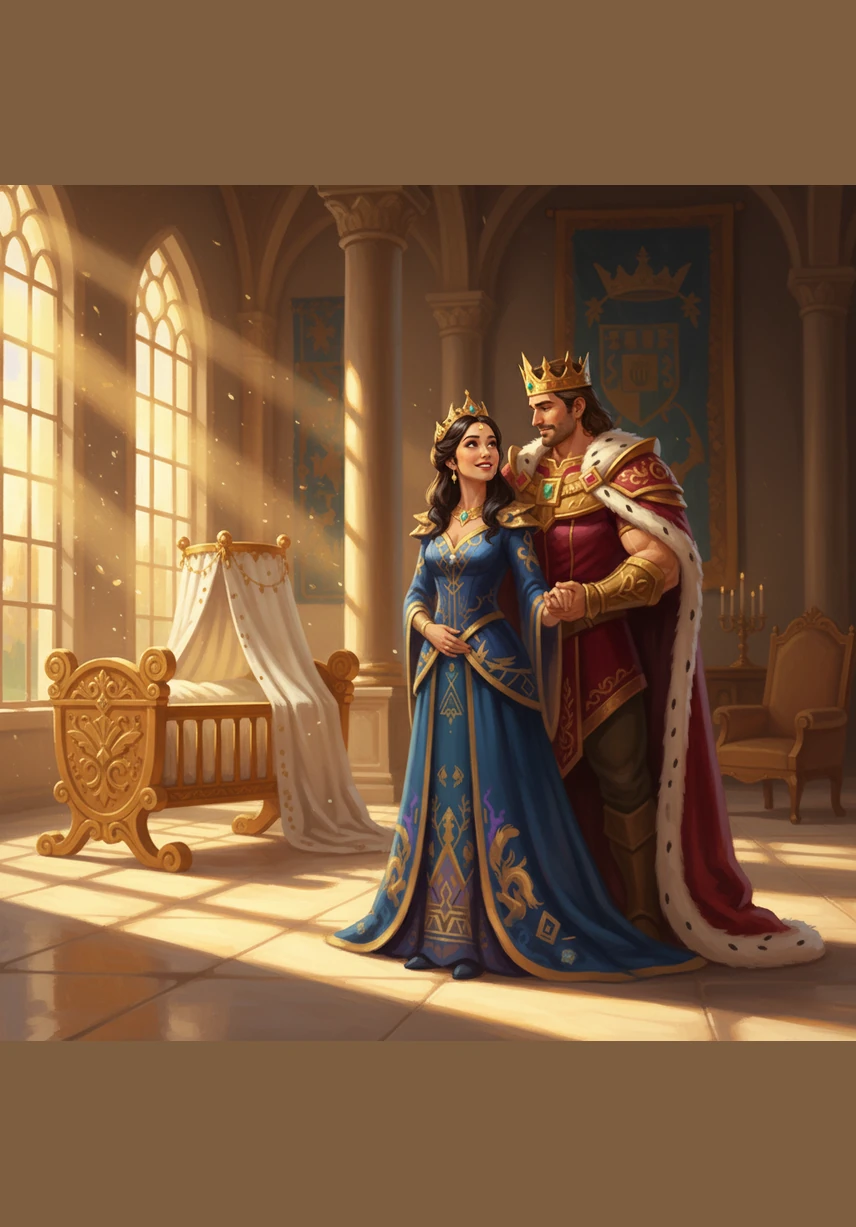 In the sun-drenched kingdom of Altos of Palo, a happy King and Queen share a moment of pure joy, dreaming of a little baby to complete their loving family. Their palace is filled with light and warmth, reflecting the deep affection they hold for one another and their desire to share it.