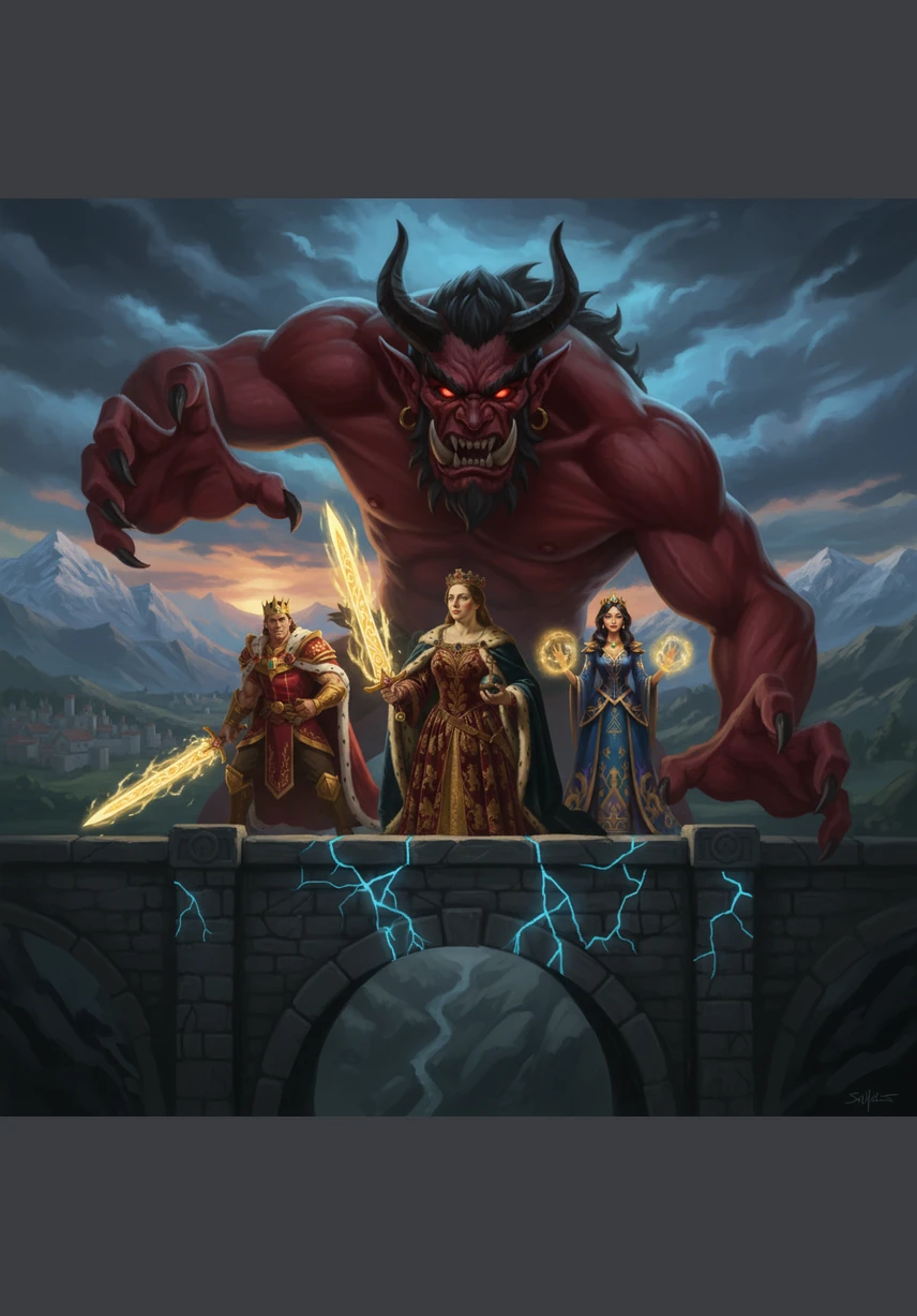 Under a stormy, jagged mountain sky, a terrifying monster with long silver knives for hands snatches a bundle from a startled stork. The creature’s gnarly claws and fearsome appearance cast a dark shadow over the land as it retreats to its high tower with the kidnapped baby.