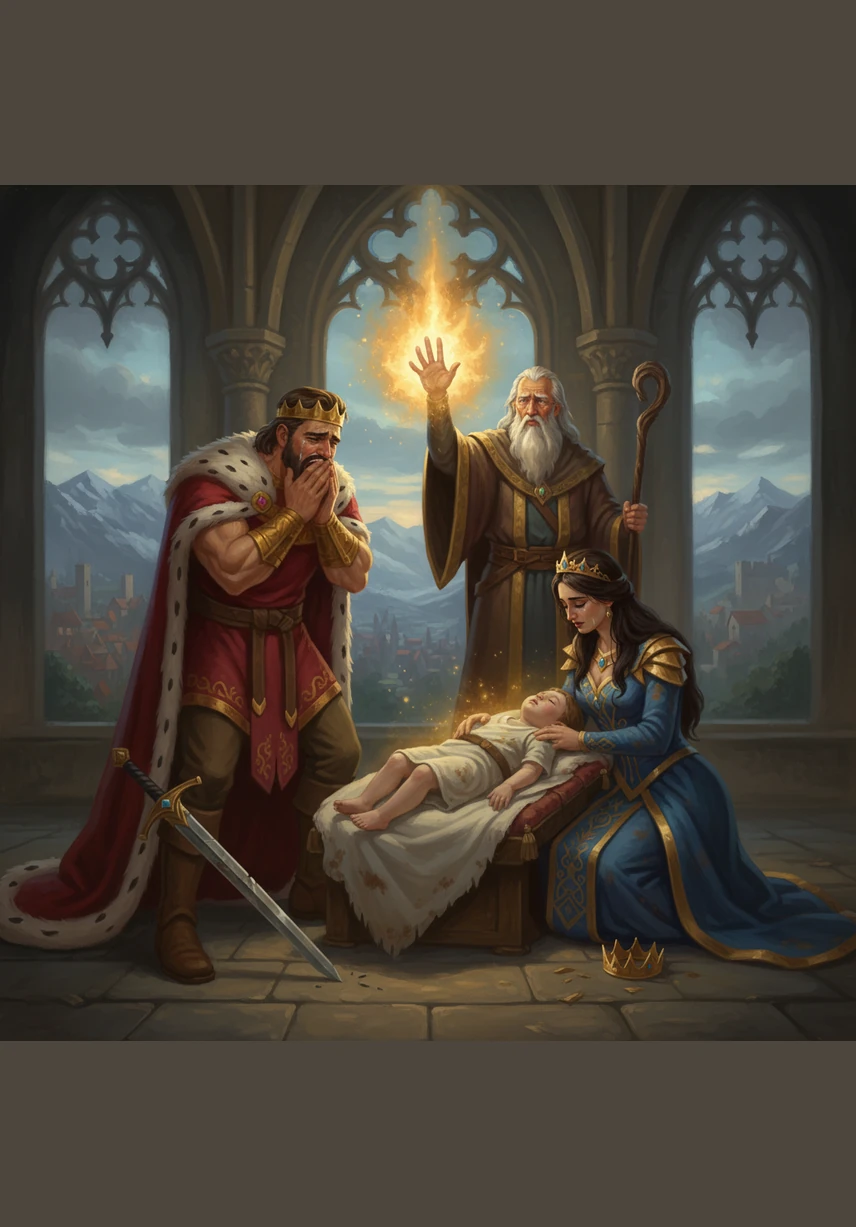 Just as the King and Queen feel all hope is lost, a magical and wise being named Raya appears in a swirl of starlight and a digital-like glow. She tells the grieving couple that they need a warrior to guide them and offers her infinite knowledge to help them bring their baby home safely.