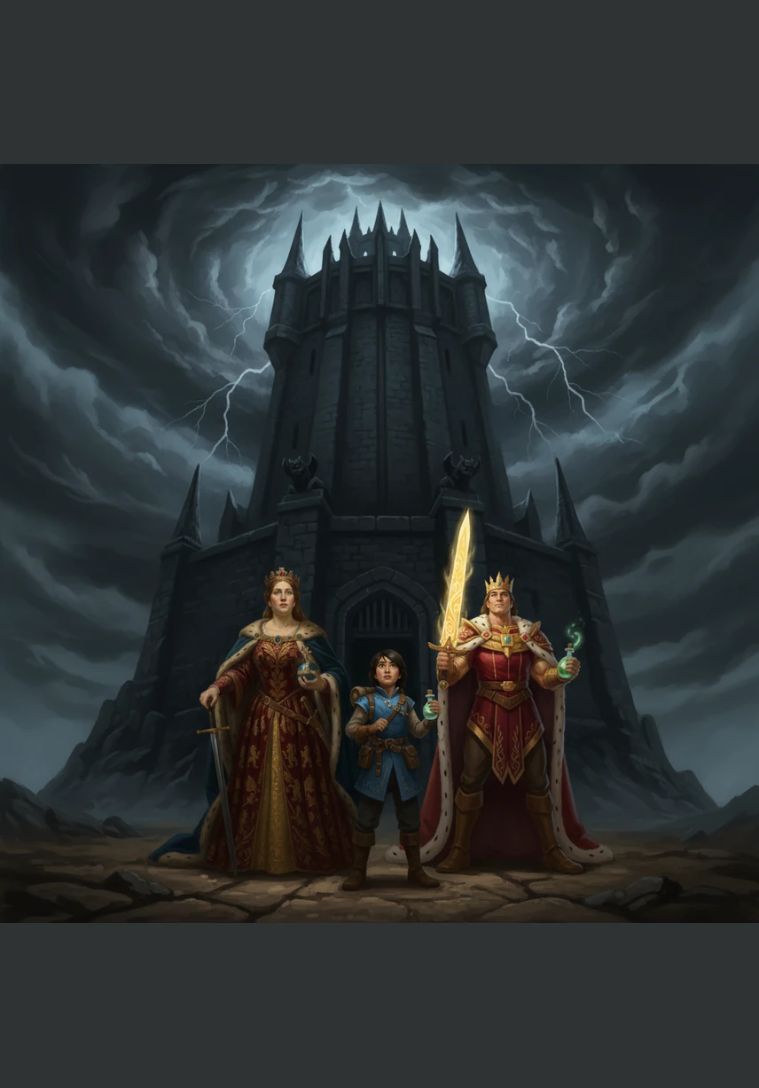 The Queen, the King, and Bravehearten stand before the monster’s dark, intimidating tower, their hearts steeled for the coming fight. Armed with magical potions and their new skills, they look up at the swirling clouds, ready to face the creature that took their child.