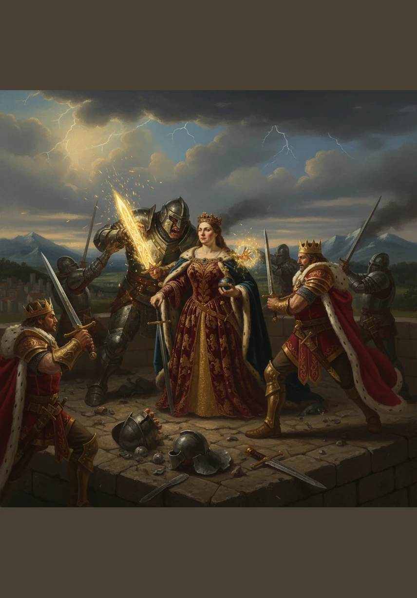 During the fierce battle, the Queen raises a glowing shield to protect her companions while Bravehearten and the King use clever strategies to outmaneuver the monster. With one final, powerful push of teamwork, the silver-knifed creature is defeated and falls from the tower into the mists below.