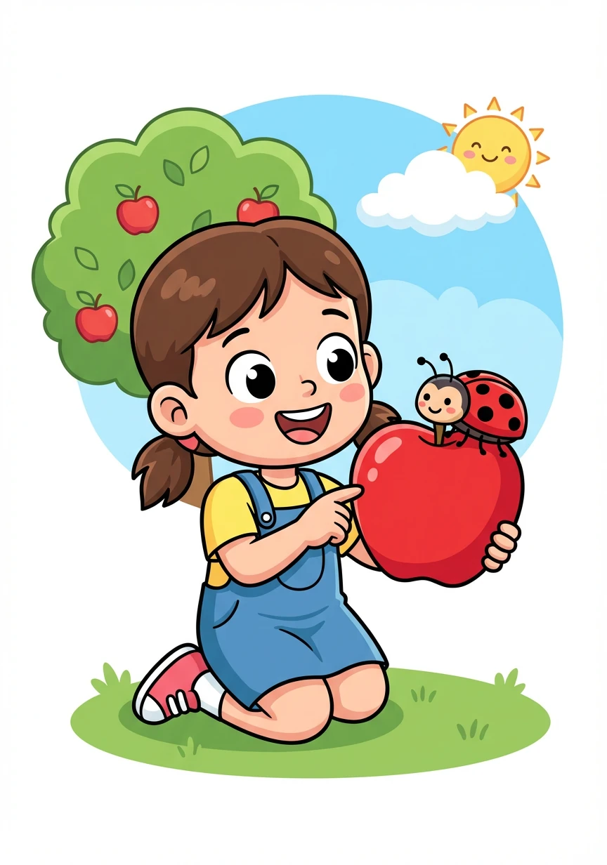 Letter: A. Word: Apple. Explanation: A yummy fruit that grows on trees! Lily holds a bright red apple, smiling as a ladybug crawls on it.