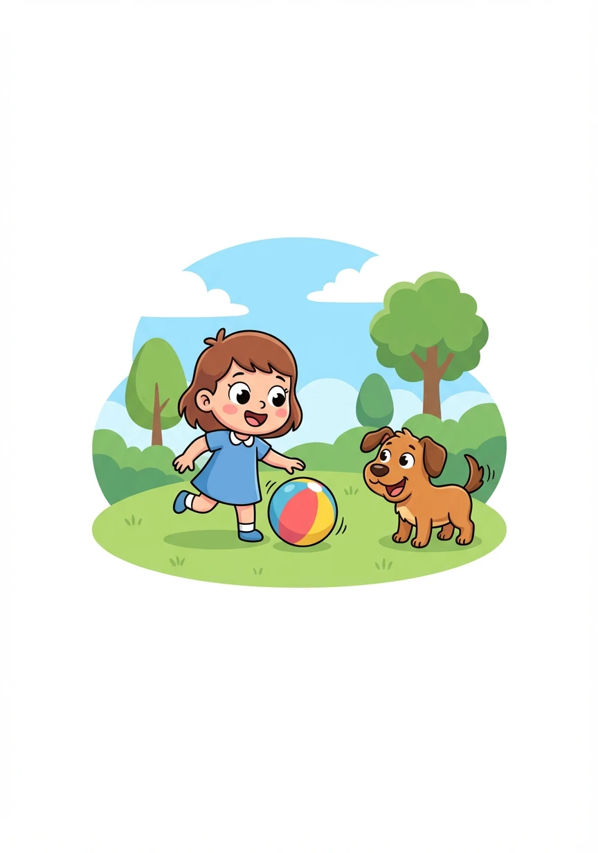 Letter: B. Word: Ball. Explanation: A round toy that bounces! Lily bounces a colorful ball in the park, a happy dog watches.