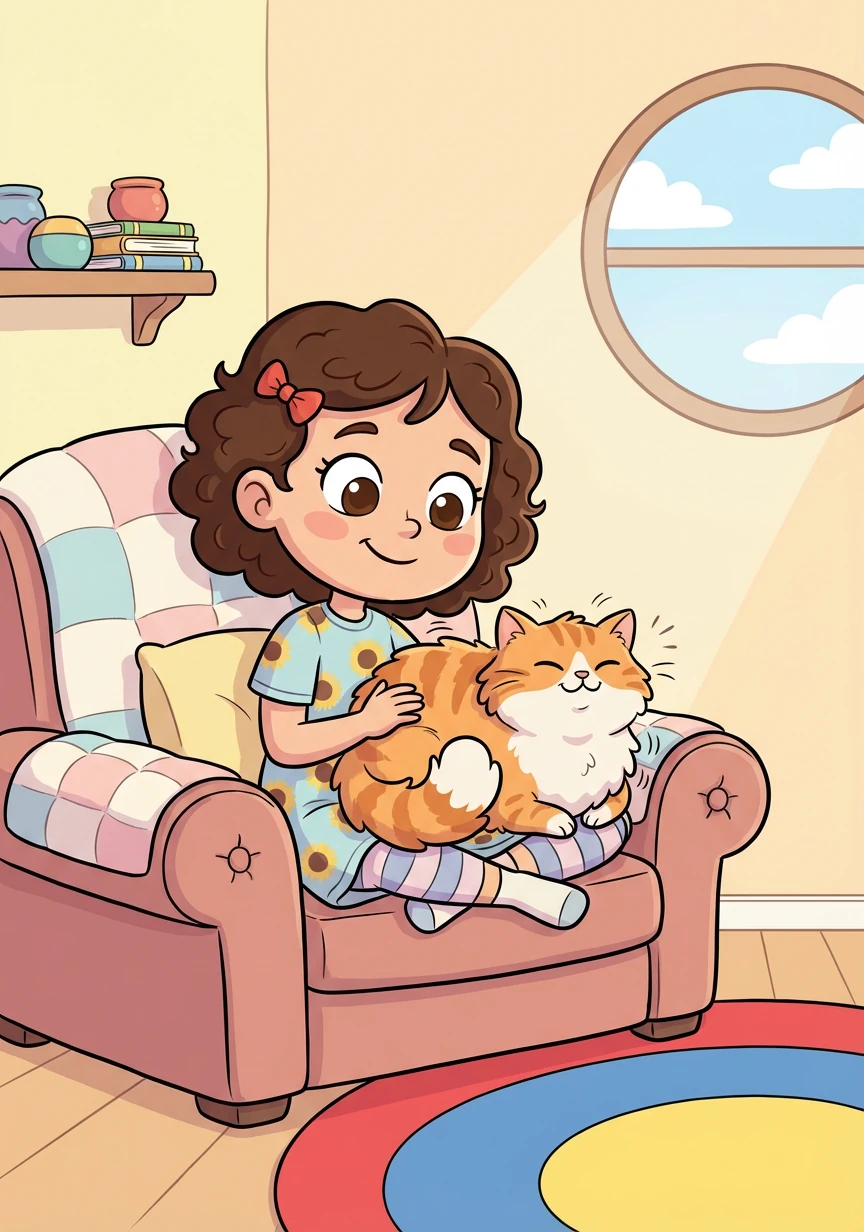 Letter: C. Word: Cat. Explanation: A furry animal that says 'Meow'! Lily pets a fluffy cat, purring contentedly on her lap.