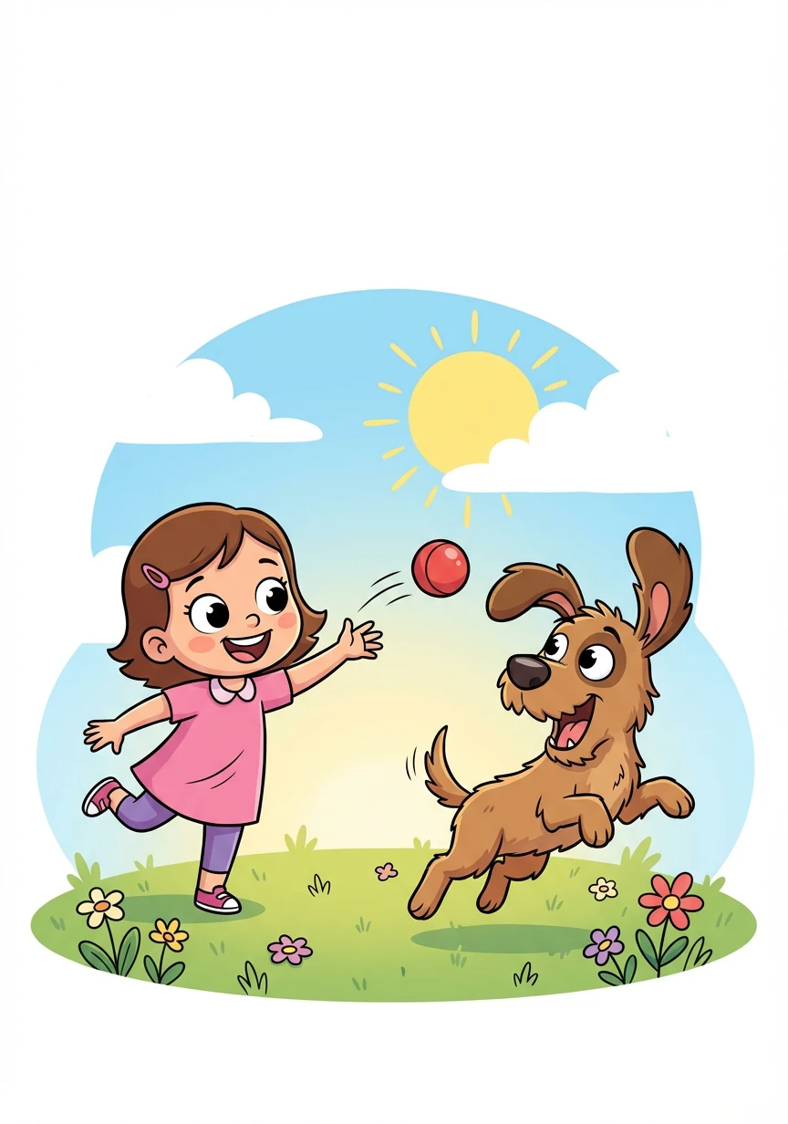 Letter: D. Word: Dog. Explanation: A friendly animal that says 'Woof'! Lily plays fetch with a playful dog in a sunny field.