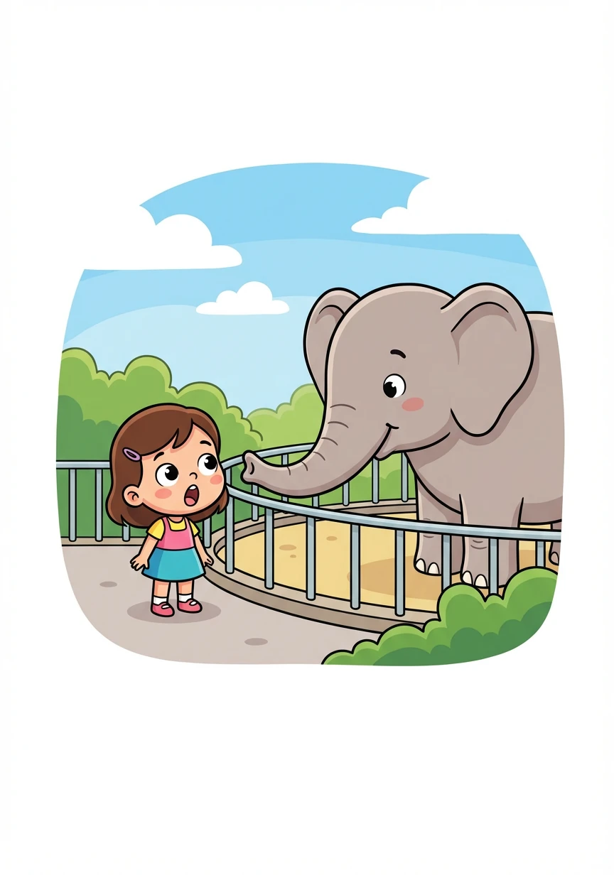 Letter: E. Word: Elephant. Explanation: A big animal with a long trunk! Lily looks in awe at a gentle elephant at the zoo.