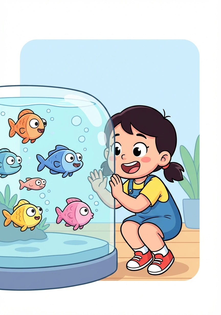 Letter: F. Word: Fish. Explanation: An animal that swims in the water! Lily watches colorful fish swimming in an aquarium.