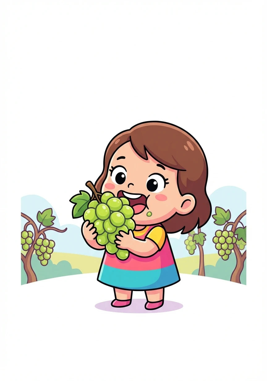 Letter: G. Word: Grapes. Explanation: Small round fruits that grow in bunches! Lily eats a handful of juicy green grapes.