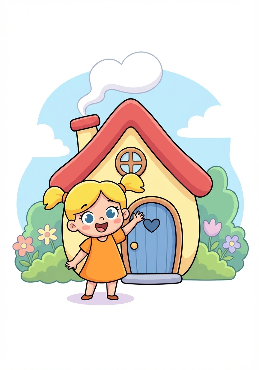 Letter: H. Word: House. Explanation: A place where you live! Lily stands in front of her cozy house, waving hello.