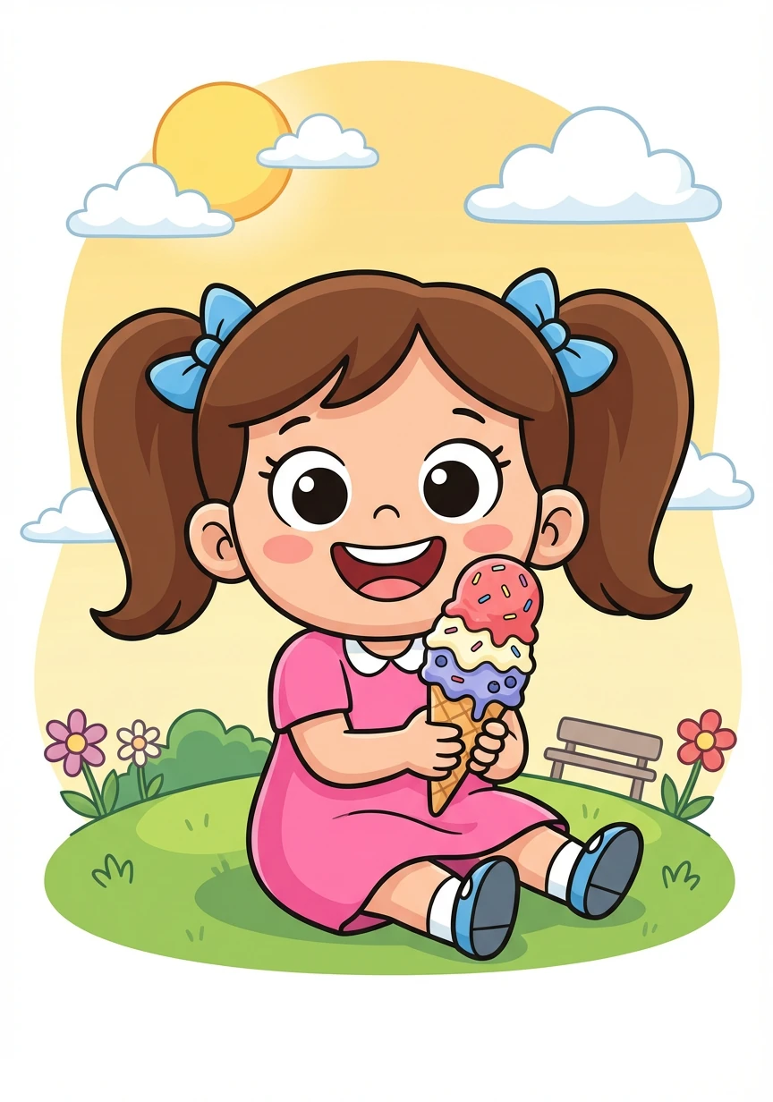 Letter: I. Word: Ice Cream. Explanation: A cold and sweet treat! Lily enjoys a delicious ice cream cone on a warm day.